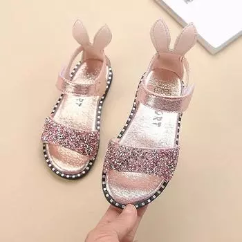 Toddlers Girls Glitter Sandals Rhinestone Rabbit Ear Cute Sweet Princess Open Toes 2024 Summer Brand New Children Sandals Soft 21 чёрный