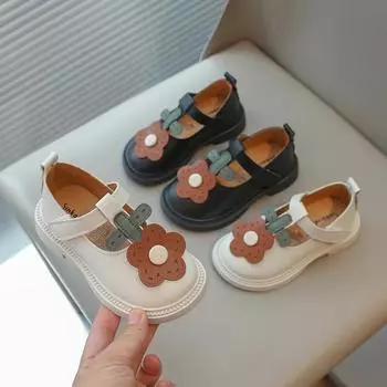 Toddlers Girls Leather Shoes with Flowers T-strap Cut-outs Soft Kids Fashion Princess Sweet Flats Breathable Anti-skid 2024 New 21 бежевый