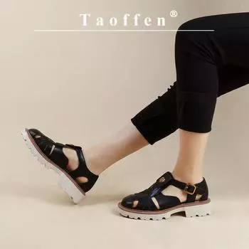 Toffen/женские сандалии из натуральной кожи, римские сандалии на плоской подошве с полым плетением, женская летняя повседневная обувь ручной работы с пряжкой на носке и ремешком 36 чёрный