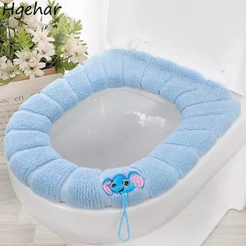 Toilet Seat Cover Winter Warm Cartoon Embroidery Soft Washable Bathroom Cushion Universal Kniiting with Handle Closestool Mat розовый