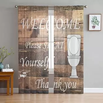 Toilet Toilet Wood Grain Please Seat Yourself Tulle Curtain Voile Transparent for Bedroom Living Room Sheer Window Curtains W135 x H114cm