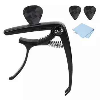 TokTech Guitar Гитара Акустическая гитара Премиум Цинк Пружина Быстро регулируемый Триггерный бридж Съемник штифтов 2 Салфетки для чистки гитар и укулеле Капо, чёрный