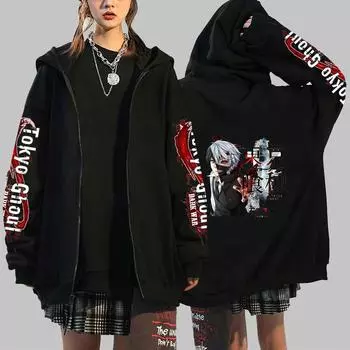 Tokyo Ghoul Аниме Одежда Kaneki Ken Графический Принт Мужчины Женщины Толстовки На Молнии Harajuku Винтажный Свитшот Мужская Куртка На Молнии XS чёрный