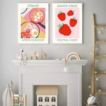 Постер японской кухни Токио с клубникой Печать Санта-Крус Картина на холсте Скандинавское настенное искусство Гостиная Домашний декор Кухня Картина 21x30cm No Framed