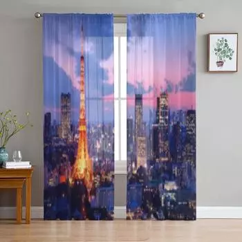 Токийская башня в Токио, Япония. Роскошные шифоновые прозрачные шторы для гостиной, спальни, оконные вуали, тюль, занавески. 135W x 114H(cm)