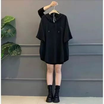 Толстая девушка сетчатая толстовка с капюшоном приталенная утягивающая футболка с коротким рукавом Black 2XL