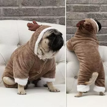 Толстая флисовая бархатная толстовка с капюшоном для собак, зимний теплый комбинезон для домашних животных, рождественский узор лося, одежда для щенков маленьких собак XS