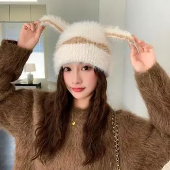 Толстая и теплая плюшевая вязаная шапка с кроличьими ушками, универсальная женская вязаная шапка One Size хаки