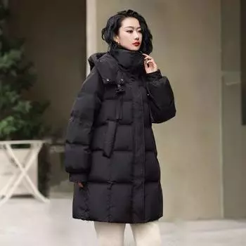 Толстая и теплая женская хлопковая куртка в корейском стиле, с капюшоном, свободного кроя, модная, средней длины, пальто в академическом стиле S чёрный