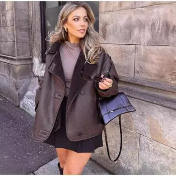 Толстая искусственная кожа овечья шерсть куртка женская осень зима лацкан однобортное пальто женское карман теплое пальто S