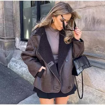 Толстая искусственная кожа овечья шерсть куртка женская осень зима лацкан однобортное пальто женское карман теплое пальто S