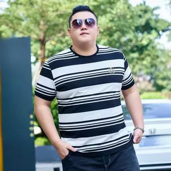 Толстая мужская футболка больших размеров с круглым вырезом и половиной рукавов, тонкая трендовая полосатая футболка с половиной рукавов, хлопковая летняя тонкая рубашка 2XL чёрный