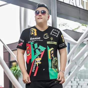 Толстая мужская футболка больших размеров с короткими рукавами, европейская станция, модная летняя футболка с короткими рукавами Fat Man 2XL чёрный