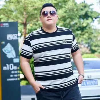 Толстая мужская футболка больших размеров с круглым вырезом и половиной рукавов, тонкая трендовая полосатая футболка с половиной рукавов, хлопковая летняя тонкая рубашка 2XL чёрный