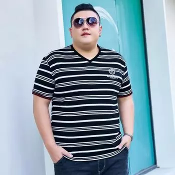 Толстая мужская футболка больших размеров в полоску с круглым вырезом и коротким рукавом, свободная рубашка большого размера с половиной рукавом, тонкая 2XL синий