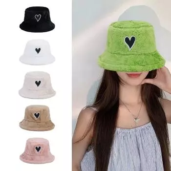 Толстая плюшевая панама для женщин, ветрозащитная шляпа-ведро в стиле пэчворк с сердечками для взрослых и подростков, зимняя теплая шапка в рыбацком стиле белый