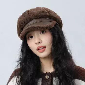 Толстая плюшевая восьмиугольная кепка с британской винтажной строчкой, женская зимняя теплая кепка-берет чёрный