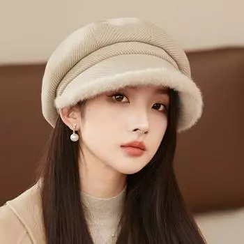 Толстая плюшевая восьмиугольная шляпа женская британская однотонная шляпа художника осень-зима кепка газетчика чёрный