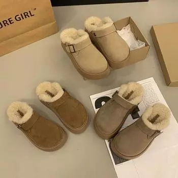 Толстая подошва бархатных полутапочек-мешочков женская одежда 2024 новые зимние ботинки с одной педалью хлопковые тапочки 35 хаки