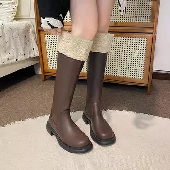 Толстая подошва Длинные бочонки рыцарские сапоги женская обувь 2024 новые осенне-зимние плюшевые хлопковые сапоги зимние сапоги 35 бежевый