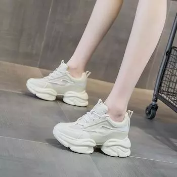 Толстая подошва для увеличения роста, папины туфли, мягкая подошва, спортивная повседневная женская обувь 33 бежевый