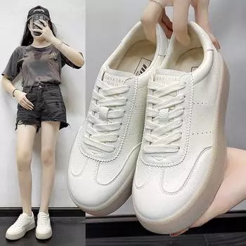 Толстая подошва дышащие маленькие белые туфли женские туфли сотни спортивных повседневных туфель с круглым носком простые туфли на шнуровке 35 белый