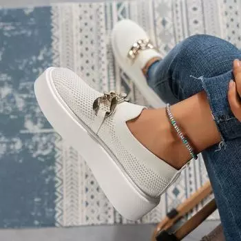 Толстая подошва Fly Woven дышащие низкие туфли-лодочки, женские мокасины с цепочным декором 36 белый