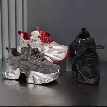 Толстая подошва громоздкие кроссовки женские модные блестящие кристаллы на плоской подошве сетчатые дышащие туфли для подъема новые кроссовки для фитнеса 35 чёрный