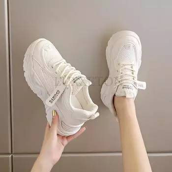 Толстая подошва из сетчатого материала, дышащий каблук-бисквит с увеличенной высотой, удобные и универсальные женские спортивные туфли 35 бежевый