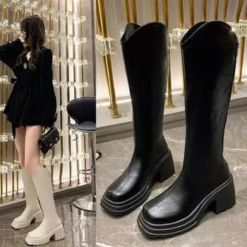 Толстая подошва каблука 2024 Новые весенние и осенние сапоги на высоком каблуке V-образный вырез темперамент но колено универсальные рыцарские сапоги 35 чёрный