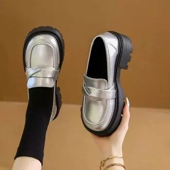 Толстая подошва Маленькие кожаные туфли Женские летние ретро-туфли с увеличением Lefou Shoes Single Shoes 35 серебряный