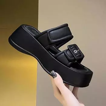 Толстая подошва мода одно слово драг женский 2024 лето новый темперамент французский сказочный стиль римские туфли пляж драг прилив 35 зелёный