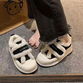 Толстая подошва на липучке Mao Mao Bread Модные универсальные женские зимние плюшевые теплые 2024 новые домашние хлопковые туфли 35 чёрный