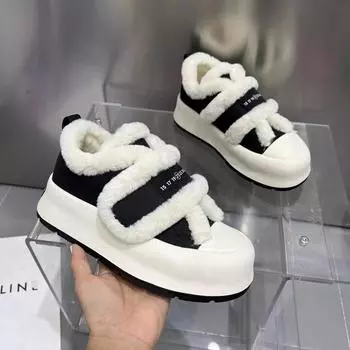 Толстая подошва на липучке, пушистый хлеб, маленькие белые туфли, детские зимние бархатные туфли для сохранения тепла 2025 года, новые популярные туфли для сноуборда, хлопковые туфли 35 хаки