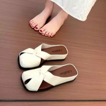 Толстая подошва, наклонный каблук, серебристые туфли-полушлепанцы с полым носком, женская летняя обувь, новые темпераментные крутые шлепанцы 35