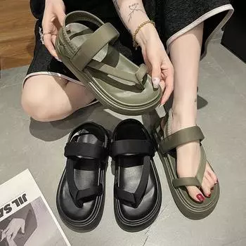 толстая подошва пляжные римские сандалии женские эластичные тканевые сандалии с рукавами и носком летние новые женские туфли спот производитель оптовая продажа 35 чёрный