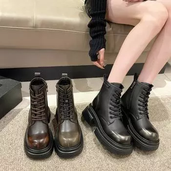 Толстая подошва с круглым носком, дышащие мотоциклетные ботинки, повседневные и модные, универсальные и простые мотоциклетные ботинки в британском стиле 35 тёмно-рыжий