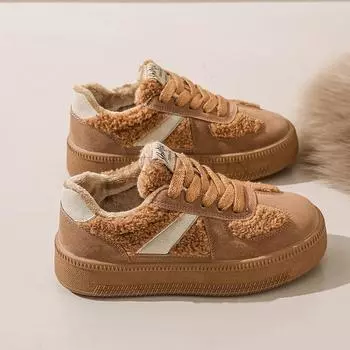 Толстая подошва с круглым носком, низкий вырез, меховая гладкая обувь с сеткой для удобства, воздухопроницаемость, универсальная спортивная обувь 35