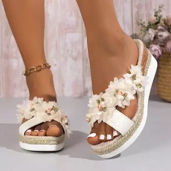 Толстая подошва с круглыми головками, перекрещенными цветами, одно слово, мода 2024 года, новые летние женские туфли на танкетке большого размера 35 белый