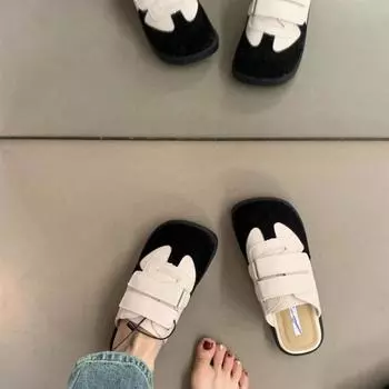 Толстая подошва с одной педалью, полутапочки-мешки, женская осень 2024 года, ретро, матовая кожа, большая голова, уродливые, милые, без каблука, женская обувь 35