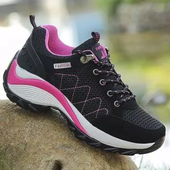 Толстая подошва с сетчатой поверхностью для удобной дышащей легкой бытовой дорожной обуви на шнуровке для походов, женские туфли большого размера 35 чёрный