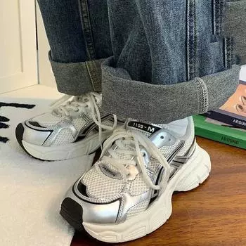 Толстая подошва сетчатых дышащих папиных туфель, женские весенние и осенние универсальные кроссовки, Ins Trendy Casual Sports Shoes 35 серебряный