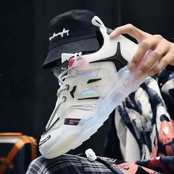 Толстая подошва уличная сетчатая мужская спортивная обувь 2024 осень мужская повседневная обувь модная удобная дышащая нескользящая беговая обувь 44 39 чёрный