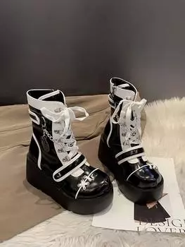 Толстая подошва, усиливающая субкультуру, сто панк-байкерские сапоги с толстой подошвой и средней длиной до икры, женские, милые, острые, байкерские сапоги для девушек 35