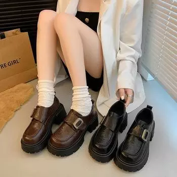 Толстая подошва, увеличивающая рост, британские мокасины женские 2024 осень новый тренд знаменитостей Интернета универсальная взрывная женская рабочая обувь 35 чёрный