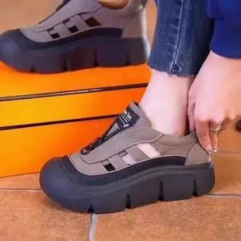 Толстая подошва, увеличивающая рост, спортивная обувь, осень 2024 года, новые повседневные туфли с круглым носком и низким верхом, застежкой-молнией спереди, дышащие 35 чёрный