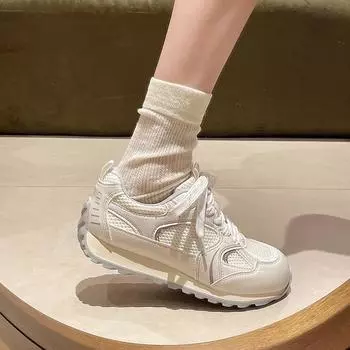 Толстая подошва, внутренняя высота, одинарная сетка, дышащая, папины туфли, женская, летняя, 2025 года, взрывная корейская версия спортивной обуви Forrest Gump 35 бежевый