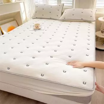 Толстая простыня на резинке, хлопковый стеганый чехол для кровати, чехол для матраса, простыня с вышитой пандой, постельное белье, односпальная/двуспальная/двуспальная кровать размера «king-size», наматрасник 2xPillowcase NOSHEET
