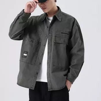 Толстая ретро-стираемая мужская рубашка с длинными рукавами, свободная, большого размера, модная брендовая американская повседневная рубашка-рубашка для инструментов M темно серый