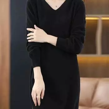 Толстая Сестра Большого Размера Однотонный Высококлассный Свитер Повседневный На Все Случаи Жизни Осень и Зима V-образный вырез Бедра Прямая Юбка XXXL